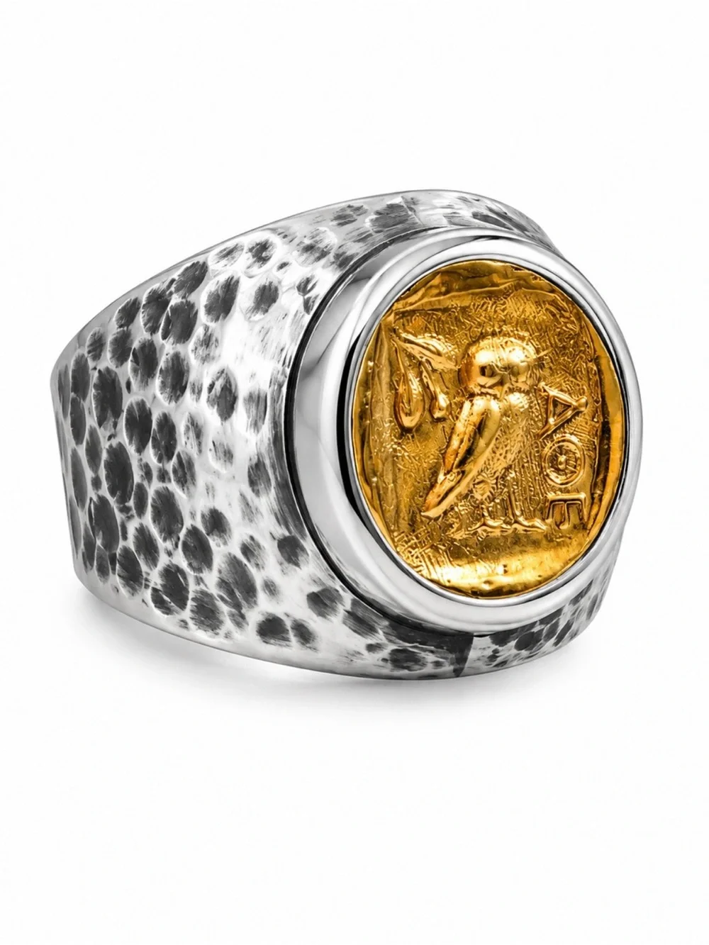 VINTAGE • Sterling Silver Hammered Signet Ring Owl AOE of the Athenian